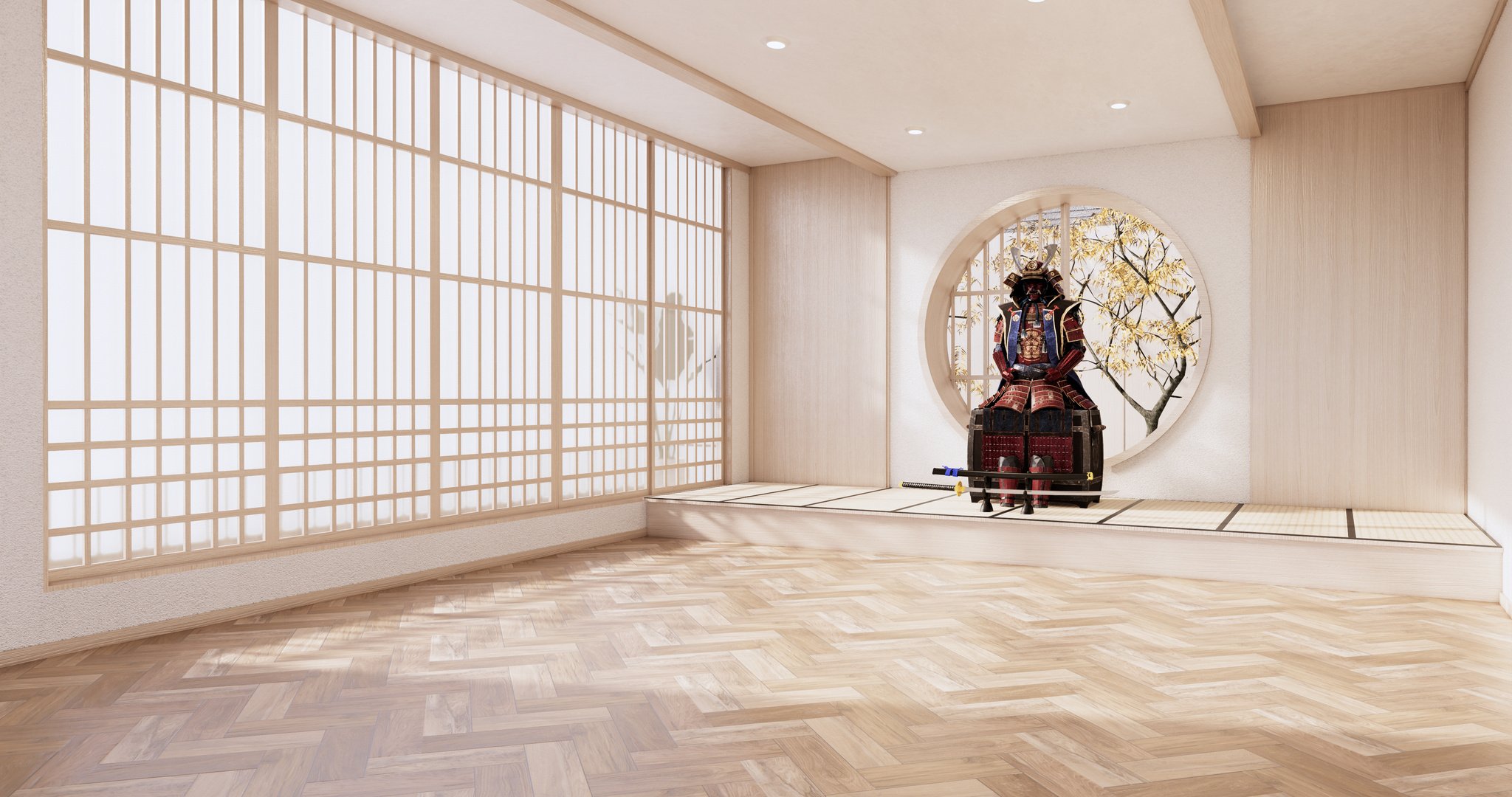 Samurai Room Empty - Clean Modern Room Japanese Style.3D Renderi